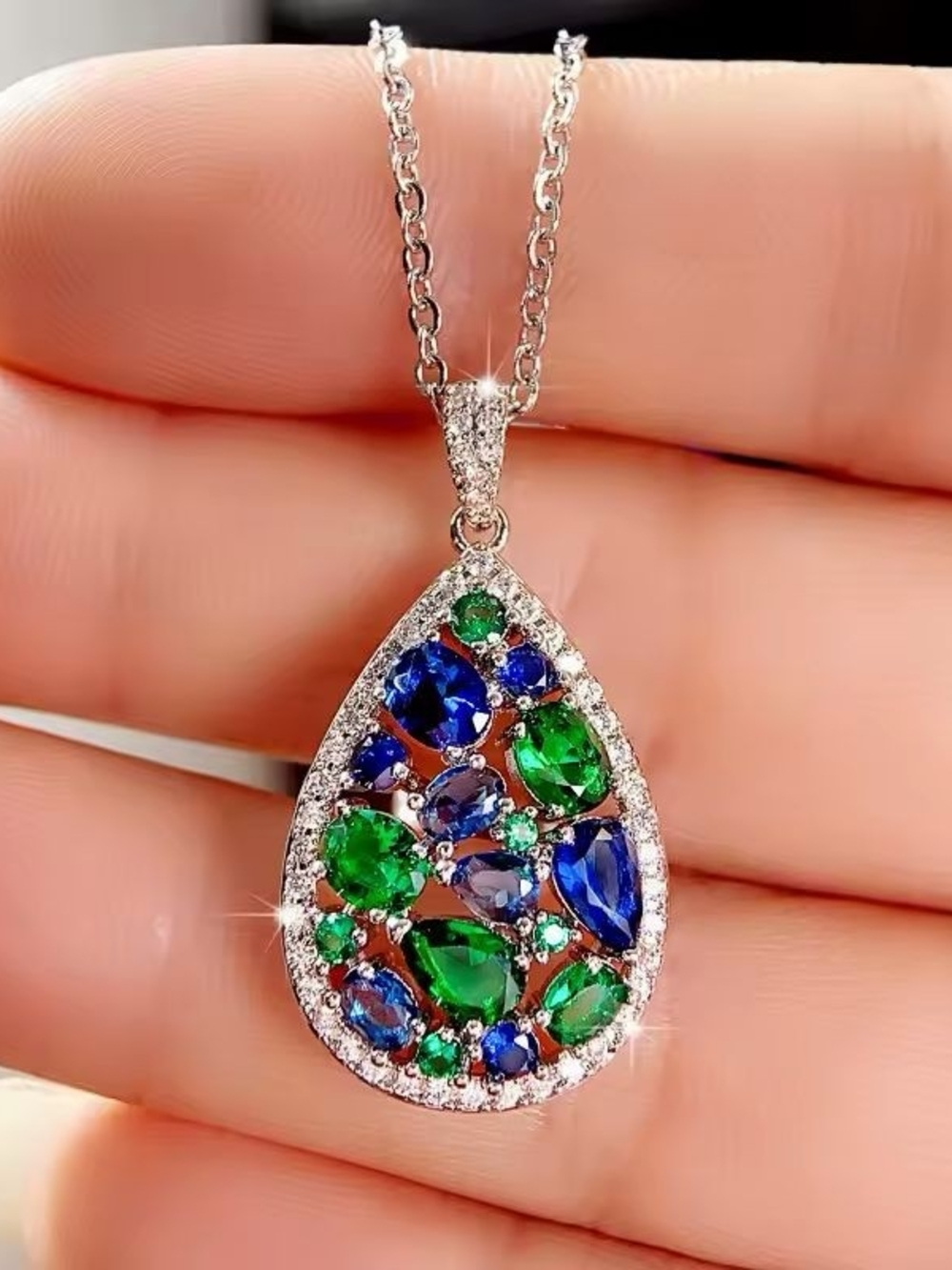 Silver Teardrop Necklace with Blue & Green Stones - Picture 5 of 7